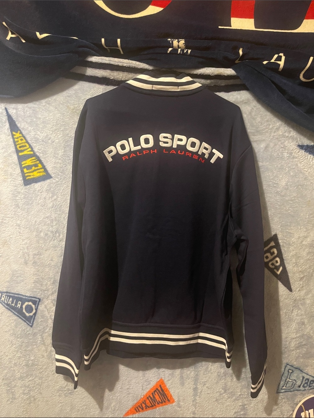 Polo by Ralph Lauren Navy Polo Sport Bomber Jacket with White & Red Accents